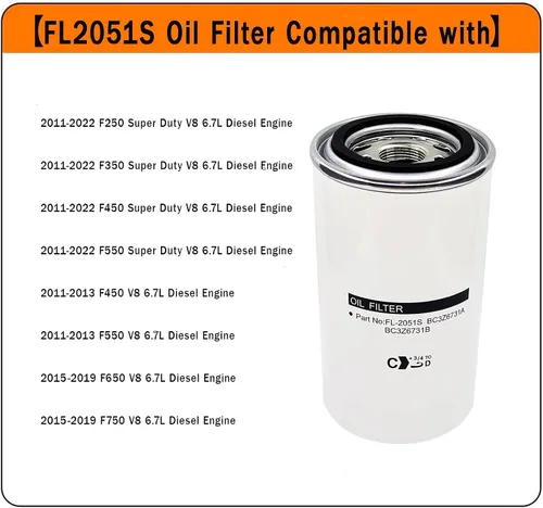 Miniatura 2 de Filtro de aceite FL2051S compatible con Ford F250 F350 F450 F550 F650 F750 F750 6.7L Powerstroke motor diesel reemplazo BC3Z-6731-B BC3Q-6714-CA