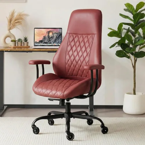 E-Motie Silla de Escritorio para Oficina en Casa, Silla de Computadora de Cuero Ergonómica de Respaldo Alto con Soporte Lumbar, Altura Ajustable y