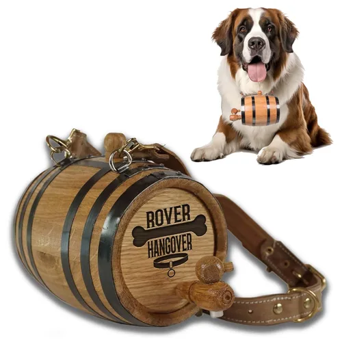 Miniatura 15 de St Bernard - Collar de barril de whisky para perro, 'M.U.T.T.' - Dispensador de barril de roble de 1/2 litro para perros San Bernardo con correa