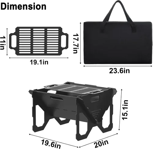 Miniatura 7 de Pozo de fuego de 20 pulgadas, Pozo de fuego portátil para exteriores con bandeja para BBQ, Pozos de fuego de acero desmontables para camping