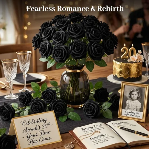 Miniatura 6 de JOHOUSE 20 rosas negras con tallo y 10 cabezas de rosas decorativas – Decoración gótica para el hogar y arreglos florales de boda centros de mesa