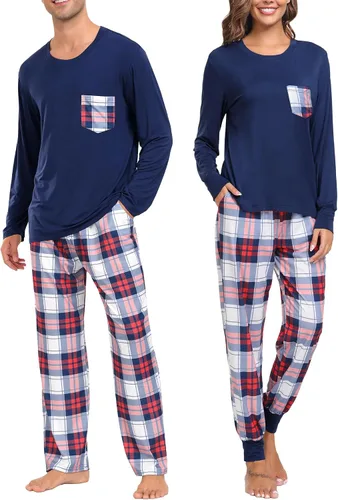 SWOMOG Pijamas de Navidad para adultos, pantalones de pijama a cuadros con bolsillos, camisetas de manga larga para parejas y familia