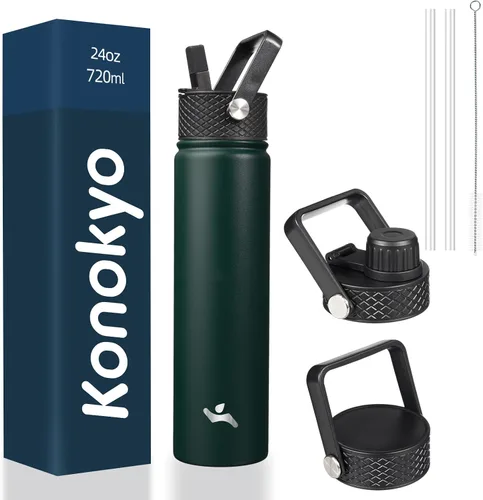 Miniatura 40 de Konokyo - Botella de agua aislada de 18 onzas, botellas deportivas de acero inoxidable con 3 tapas, verde militar