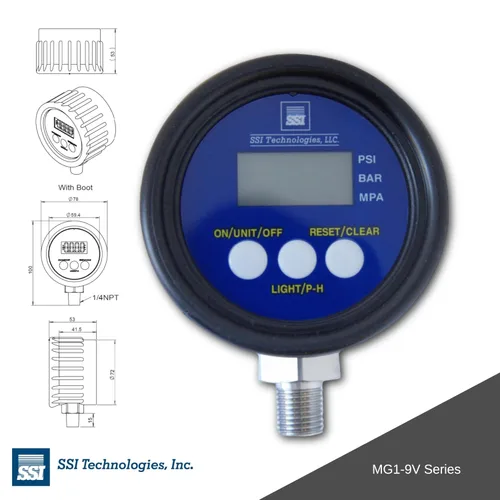 Miniatura 2 de Serie MG1-9V - MG1-3000-A-9V-R, manómetro digital de 2.5 pulgadas con pantalla LCD, presión de funcionamiento de 3000 PSIG, funciona con pilas, 9 V