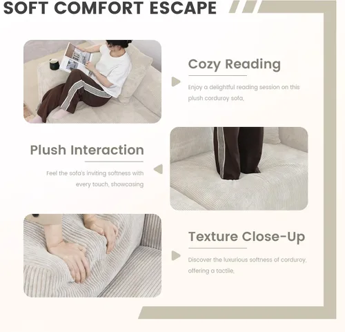 Miniatura 6 de WJShome Cloud Couch Sofá Seccional Modular, Sofá en Forma de L de 102 pulgadas con Otomana, Sofá de Pana Beige de 3 Asientos, Sofá Seccional