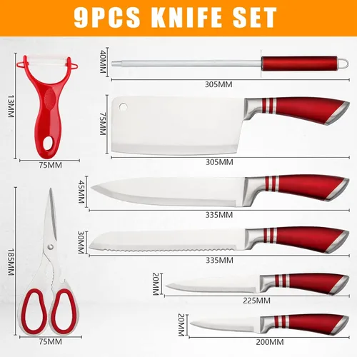 Miniatura 6 de Juego de cuchillos de cocina, juego de 9 cuchillos rojos con bloque acrílico, cuchillo de chef de acero inoxidable de alto carbono antiadherente