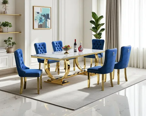Miniatura 32 de Moderno juego de mesa de comedor de mármol sintético de 68.11 pulgadas para 6, mesa de comedor de mármol blanco y plateado con 6 sillas de Blanco