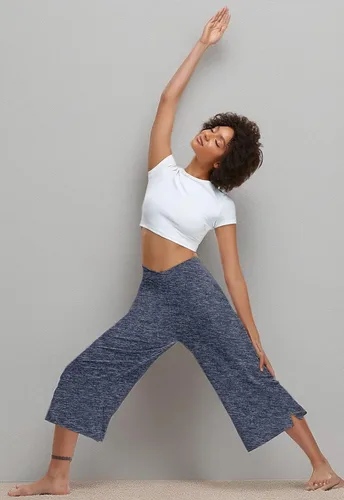 Miniatura 6 de TARSE - Pantalones capri de pierna ancha para mujer, pantalones de yoga casuales, cruzados, de cintura alta, sueltos, suaves, con bolsillos