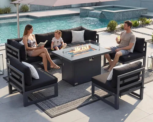 NICESOUL Juego de muebles de patio de 7 piezas de aluminio negro para exteriores con fogata, juego de muebles de patio para todo tipo de clima con