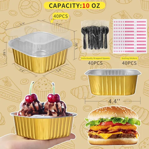 Miniatura 2 de Mini moldes para pasteles de 10 oz con tapas, paquete de 40 moldes de papel de aluminio para brownies, moldes desechables tipo ramekins para Dorado
