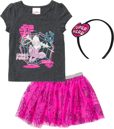 Marvel Spider-Man Spider-Gwen - Camiseta gráfica para niñas, falda de tul y diadema de 3 piezas, conjunto de 3 piezas para niños pequeños a niños