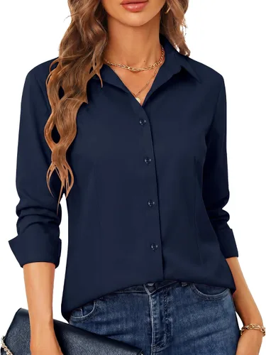 Miniatura 30 de BBIBBI Camisa de vestir elástica de manga larga con botones para mujer, blusa de trabajo casual de negocios (clásica, recortada y alta)