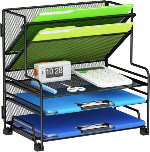 Miniatura 9 de MINDEPOT Organizador de papel de 4 niveles + soporte para archivos de 3 bolsillos + cajón + soportes para bolígrafos, organizador de archivos