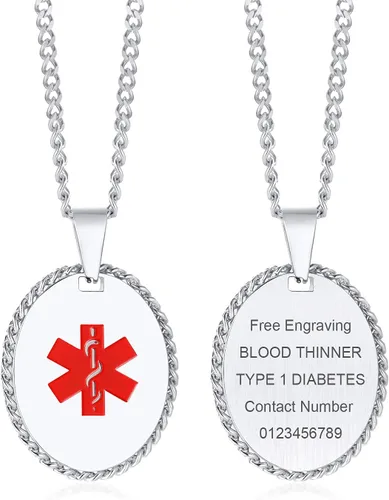 Miniatura 75 de VNOX Collar con colgante personalizado de acero inoxidable con grabado personalizado para identificación de alerta médica de emergencia para hombres