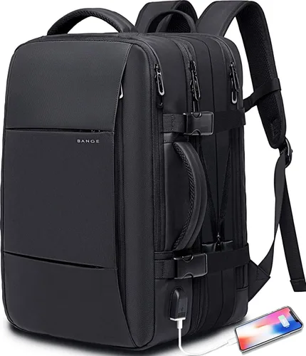 BANGE Mochilas de viaje de 35L, mochila de mano expandible para aviones, mochila impermeable para laptop de 17.3 pulgadas para hombres y mujeres