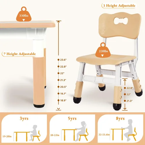 Miniatura 3 de Arlopu Mesa y 4 sillas para niños, juego de escritorio y sillas para niños pequeños de altura ajustable, patas antideslizantes, escritorio de Beige