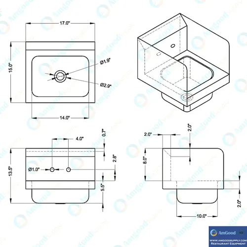 Miniatura 5 de AmGood Fregadero de mano de acero inoxidable para montaje en pared con grifo y salpicadura lateral de 17 x 15 pulgadas Lavabo de manos comercial