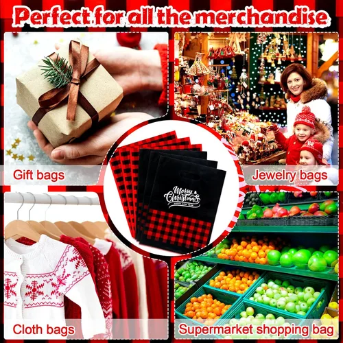 Miniatura 4 de Sadnyy Paquete de 100 bolsas de plástico para regalo de Navidad, a granel, pequeñas bolsas de compras de Feliz Navidad, mercancía gruesa impresión