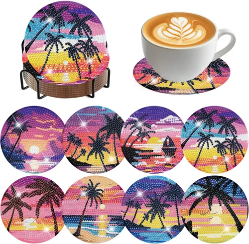 Miniatura 39 de ijbnhd 8 posavasos de pintura de diamante al atardecer con soporte, posavasos de arte abstracto de diamantes para principiantes, suministros