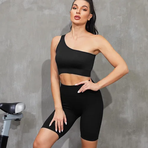 Miniatura 4 de Plubedo Conjuntos de entrenamiento para mujer, 2 piezas, acanalados, sin costuras, con un hombro, de cintura alta, para yoga, conjunto deportivo