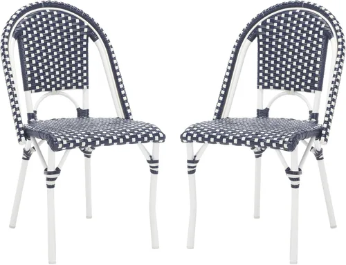 Miniatura 14 de SAFAVIEH Juego de 2 sillas auxiliares California Bistro para exteriores, color azul y blanco, mimbre sintético y marco de aluminio, diseño tejido