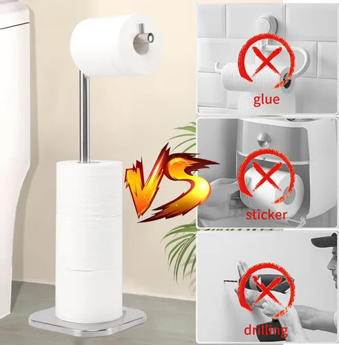 Miniatura 6 de Soporte de papel higiénico, almacenamiento de papel higiénico independiente para baño, soporte de papel higiénico de acero inoxidable con reserva
