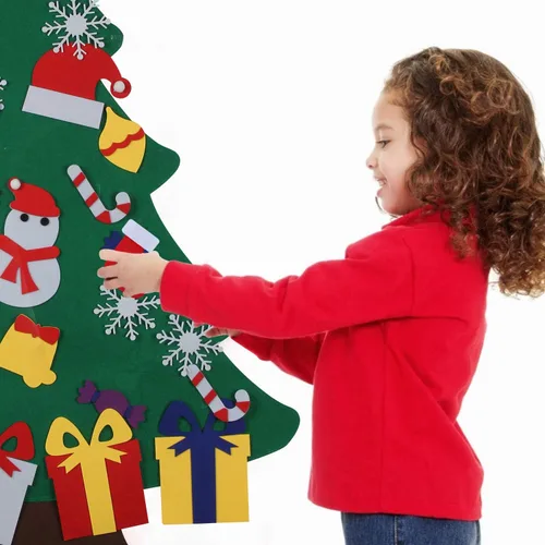 Miniatura 6 de Abakuku Árbol de Navidad de fieltro de bricolaje de 0,9 m para niños con 31 adornos desmontables, decoración navideña para colgar en la pared