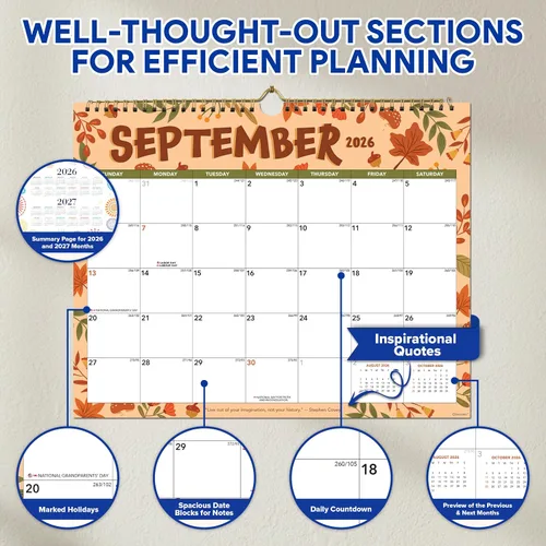 Miniatura 4 de Decorably Calendario de pared en espiral de paisaje colorido de 18 meses con calcomanías de enero de 2026 a junio de 2027, hojas de 14.5 x 11.5