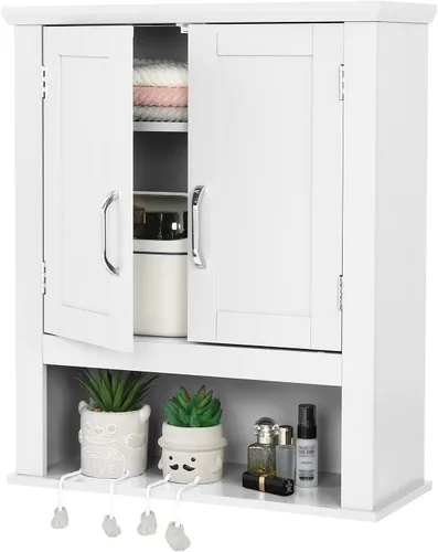 Miniatura 18 de VINGLI Armario de pared de baño, botiquín negro con estante abierto y 2 puertas, organizador de almacenamiento ajustable para colgar sobre