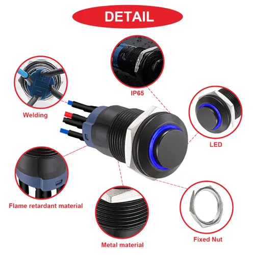 Miniatura 3 de 6Pcs Interruptor de botón de cierre led de 12mm con carcasa negra y pre-cableado, interruptor de botón a prueba de agua IP65, 1NO 1 normalmente, B.