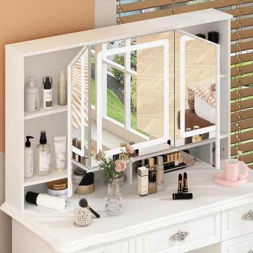 Miniatura 5 de ECACAD Moderno escritorio de maquillaje con espejo iluminado, tocador con 9 cajones, estantes ocultos y espejo plegable, 3 modos de iluminación