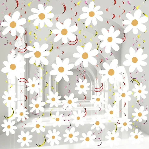 Lincia 72 piezas de margaritas Groovy Boho flores colgantes espirales coloridas margaritas de papel de aluminio para colgar en el techo, decoración