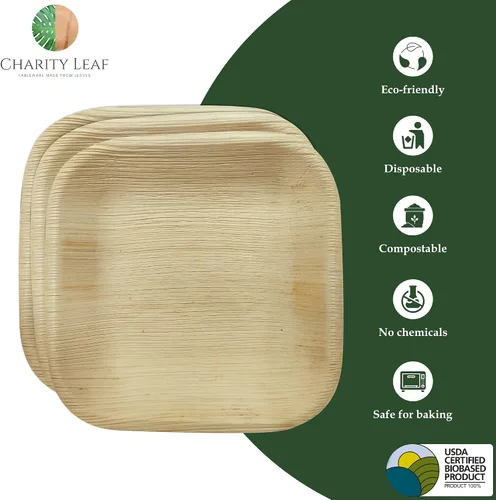 Miniatura 2 de Platos cuadrados desechables de hoja de palma Charity Leaf de 6" (15 cm) (50 piezas) Platos de servir tipo bambú, tablas desechables, vajilla