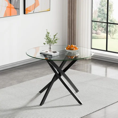 Mesa de comedor redonda, mesa de cocina de vidrio de 36 pulgadas para 4 personas, mesa de comedor de vidrio templado con patas de metal plateadas,