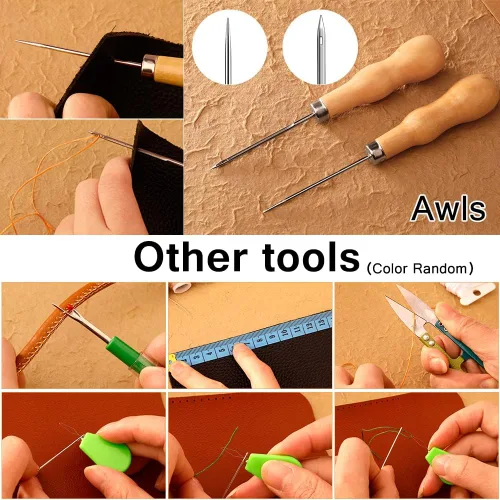 Miniatura 6 de Tikjiua Kit de costura de cuero de 59 piezas, aguja de tapicería para coser a mano, kit de costura resistente con tapicería de hilo encerado, kit