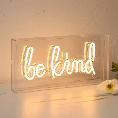 Miniatura 4 de Letrero LED de neón con texto en inglés "Be Kind", caja de acrílico blanco cálido, luz de mesa y pared, alimentada por USB, arte decorativo de neón