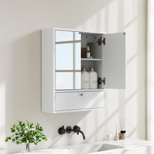 Giantex Armario de baño montado en la pared con espejo organizador de almacenamiento con estante de almacenamiento extraíble, botiquín, blanco