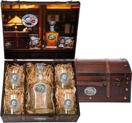 Miniatura 45 de Heritage Pewter Alabama Capitol - Juego de baúl Recipiente de líquido de 24 onzas con 4 vasos de agua Vidrio de peltre elaborado por expertos