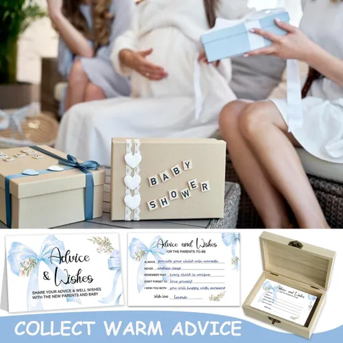 Miniatura 3 de 50 piezas de tarjetas azules de lazos para consejos de baby shower para juegos de baby shower, caja de tarjetas de consejos y deseos de lazos