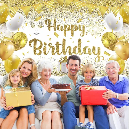 Miniatura 6 de Decoraciones de fiesta de feliz cumpleaños dorado y blanco, pancarta grande para mujeres, hombres y niñas, 70.8 x 43.3 pulgadas