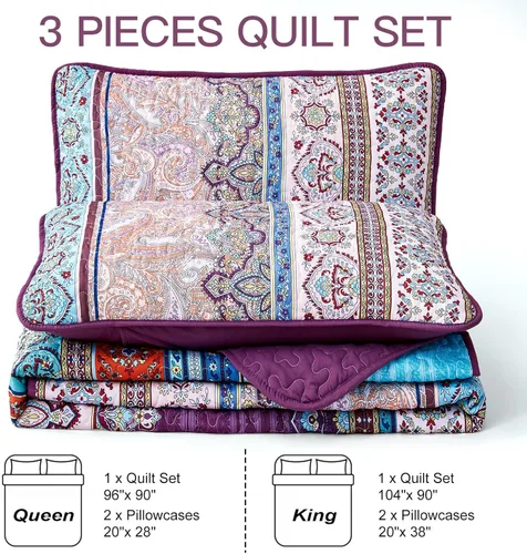 Miniatura 8 de WONGS BEDDING Juego de Colcha Morada Tamaño King, Juego de Colchas Bohemias a Rayas de 3 Piezas, Colcha Ligera de Microfibra para Todas las Púrpura