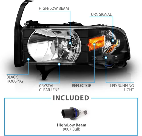 Miniatura 4 de AmeriLite Juego de 1 faro delantero de repuesto negro con lámpara de estacionamiento LED de esquina para Dodge Ram 1500 2500 3500 1994-2001, lado