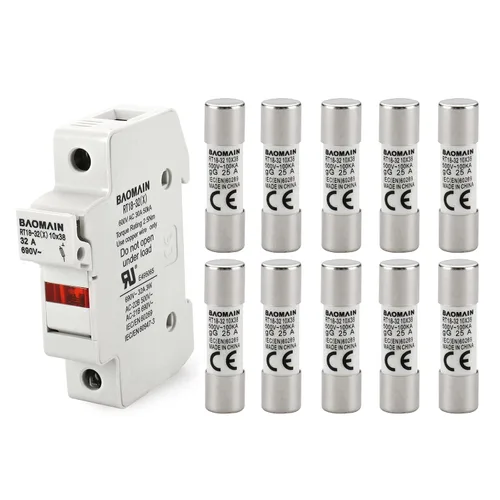 Miniatura 18 de Baomain Base portafusibles RT18-32 con fusibles de cerámica de 10x1A (0.394x1.496 in) - Montaje en riel DIN de 1 polo, indicador LED, certificado CE