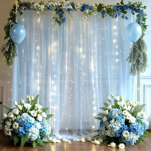 Cortina de telón de fondo de tul azul bebé de 10 x 8 pies con cadena de luces para fiestas, cortinas de fondo transparentes para bodas, baby shower,