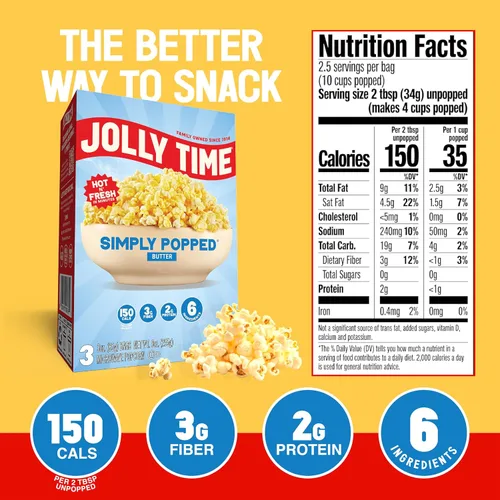 Miniatura 2 de JOLLY TIME Simply Popped Palomitas de maíz naturales para microondas, aceite de palma y granos de maíz pop sin OMG
