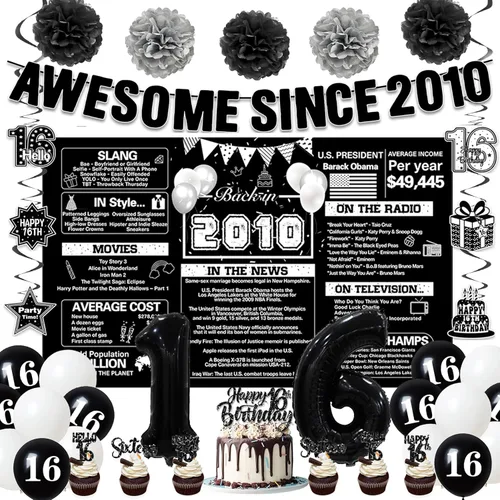 Crenics Decoraciones negras de cumpleaños número 16 para niños y niñas, telón de fondo del año 2010, impresionante desde 2010, pompones de papel,