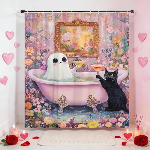 Miniatura 7 de Divertida cortina de ducha de fantasma, diseño de fantasma, rosa, floral, lindo fantasma toma una bañera en flor, Halloween, gato negro, academia