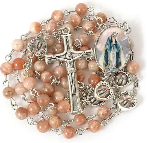Nazareth Store Cuentas de piedra natural con corazón de epoxi milagroso, cuentas de metal, collar de rosario, regalos cristianos de piedras preciosas