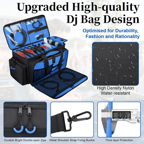 Miniatura 5 de Bolsa grande para cables de DJ con bolsillo para laptop y micrófono, bolsa de DJ para equipo y accesorios de música con divisores desmontables, Azul