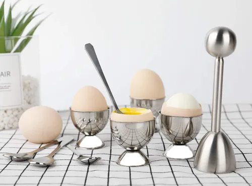 Miniatura 6 de Juego de decoración de galletas de huevo, soporte separador de huevos duros y duros, incluye 4 cucharas de huevos y 4 tazas de huevo, 1 cortador